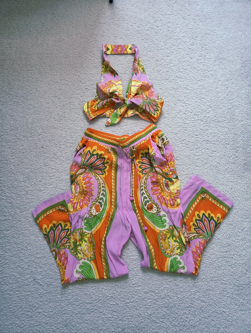 Farm Rio Pink & Orange Pants with Tie-Front Halter